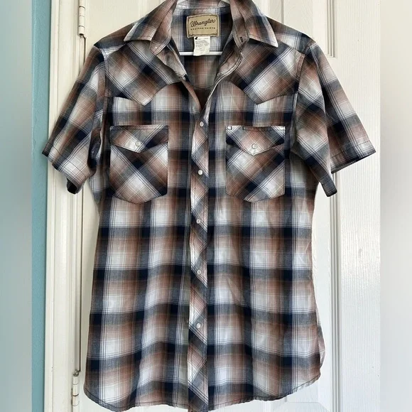Wrangler Western Shirt Small Mens Brown/Black/White Pearl Snap S/S Plaid Cowboy - Picture 1 of 4